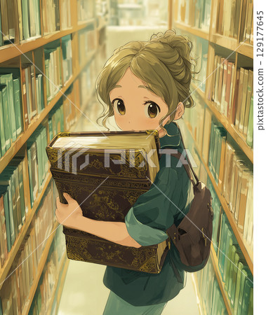 A girl holding a big book in the library | An anime-style illustration that conveys intellectual curiosity and a story 129177645