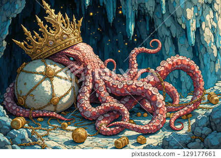 The king octopus guards the entrance to the cave. A large octopus, adorned with a royal crown made of precious stones, sits against a backdrop of rocks, hugging a large white ball adorned with gold ch 129177661