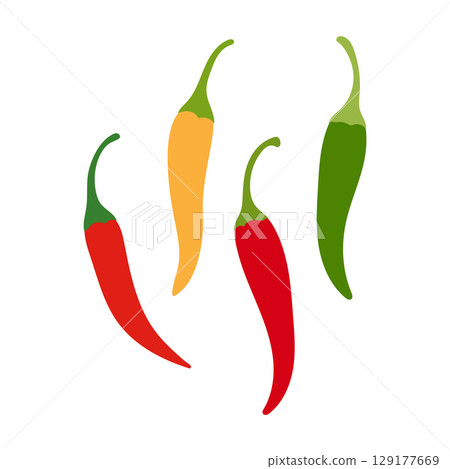 Red, Yellow and Green Hot Peppers, Illustration Red, Yellow and Green Hot Peppers, Illustration 129177669