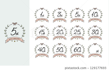 手繪可愛的周年紀念圖示集（插圖、向量、線條圖） 129177693