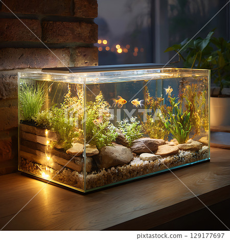 Beautifully decorated home aquarium with goldfish 129177697