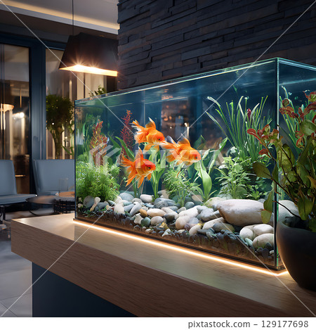 Beautifully decorated home aquarium with goldfish 129177698