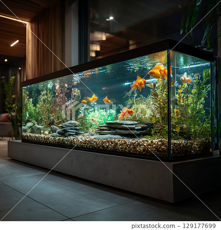 裝飾精美的家庭水族館與金魚 129177699