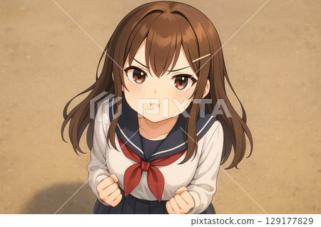 A girl in uniform with a sulky, dissatisfied look on her face 129177829