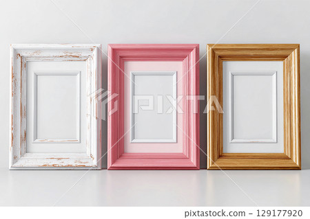 Clean. Empty color photo frame for a collage of three photos in a minimalist style on a white background. 129177920