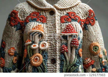 Handcraft. Trending in fashion. Crochet details of mushrooms pattern on a modern garment. Autumn atmosphere in clothes. Handcraft. Trending in fashion. Crochet details of mushrooms pattern on a modern garment. Autumn atmosphere in clothes. 129177983