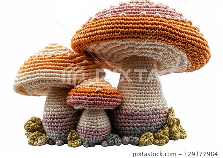Neutral Palette. Crocheted bright mushrooms on a white background. Autumn atmosphere. Creative hobby. 129177984