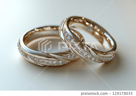 Pair of white gold wedding rings on a white background. 129178035