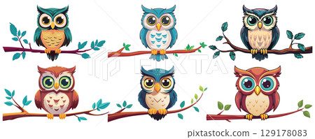 Cute illustration of a stylized owl sitting on a branch, with big eyes, and orange beak, Long-eared Owl, Great Horned owl 129178083