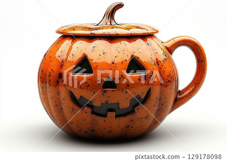 Ceramic cup with lid in shape of a orange pumpkin in a rustic style on a white background. 129178098