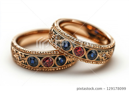 Luxury pair of Wedding Rings on a white background. Rococo Renaissance style. 129178099