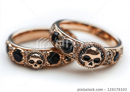 Pair of gold wedding rings with a skull pattern on a white background. Original style. Pair of gold wedding rings with a skull pattern on a white background. Original style. 129178103