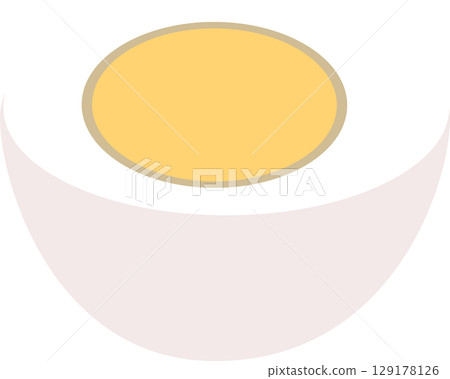 a half-cut overcooked boiled egg. hard boiled egg top angle 129178126
