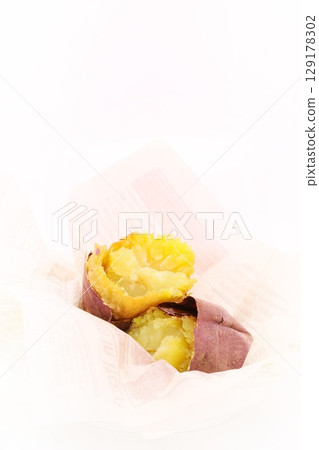 Baked sweet potato, Beni Haruka, split open, bright background 129178302