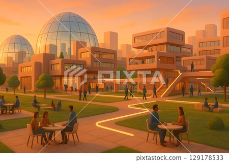 黃昏時分的未來校園與通訊場景 黃昏時分的未來校園與通訊場景 129178533