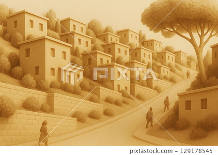 帶有房屋和斜坡的山城插圖 129178545