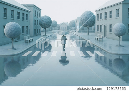 一個人撐著傘走在雨中的住宅區和安靜的街道上（3D插圖） 129178563