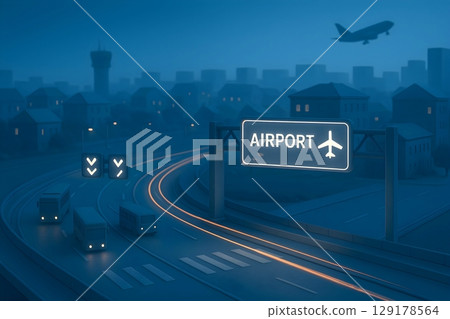 通往機場的高速公路和飛機起飛（夜景、三維構圖） 129178564