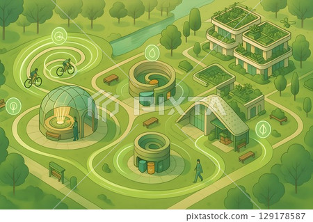 A vision of the future of a circular city – an eco-city image depicting coexistence with nature and green technology 129178587