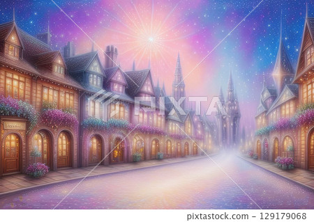 Magical fantasy town street with glowing lights, colorful flowers, and dreamy starry sky, whimsical architecture and enchanting atmosphere, fairy tale village at twilight 129179068