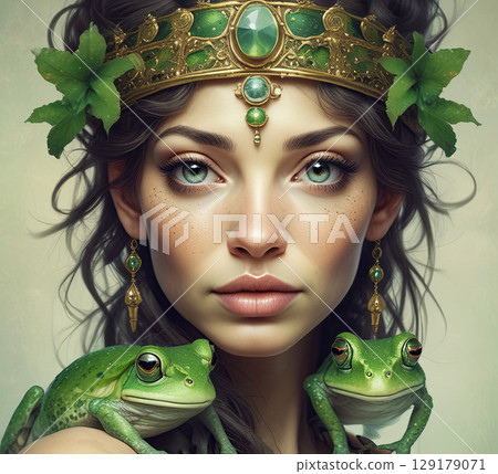 Enchanting woman with emerald crown and green frogs, fantasy portrait of mystical nature queen with detailed jewelry, magical forest spirit with captivating eyes and natural elements 129179071