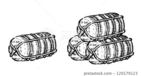 Rice bales, single and stacked, monochrome line drawing Rice bales, single and stacked, monochrome line drawing 129179123