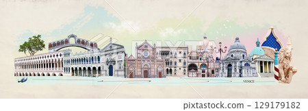 Contemporary artwork. Creative design in retro style. Color image if beautiful buildings in Venice. Vintage town. Concept of creativity, surrealism, imagination, futuristic landscape. Poster 129179182