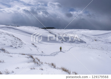 Image of enjoying fresh snow on Tottori Sand Dunes with snowshoes Image of enjoying fresh snow on Tottori Sand Dunes with snowshoes 129179568