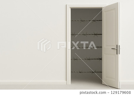 An open door with barbed wire behind it. Space for text. 129179608