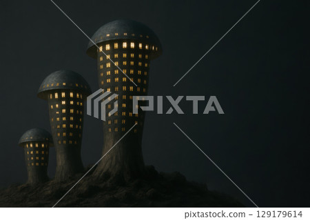 Night skyscrapers in the shape of mushrooms with illuminated windows. Space for text. Night skyscrapers in the shape of mushrooms with illuminated windows. Space for text. 129179614