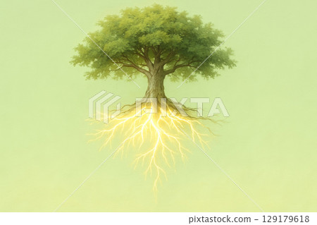 An upside-down tree with brightly shining roots on a green background. Space for text. 129179618