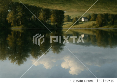 Autumn landscape with a mirror reflection in the water. 129179640