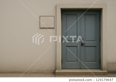 Closed doors of a psychiatric hospital with an empty sign. Space for text. 129179647