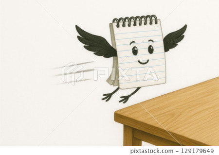 A notebook with wings is carried away from the table. Space for text. 129179649