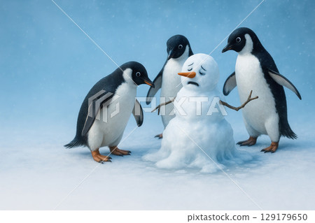 Penguins and a melting snowman. Space for text. 129179650