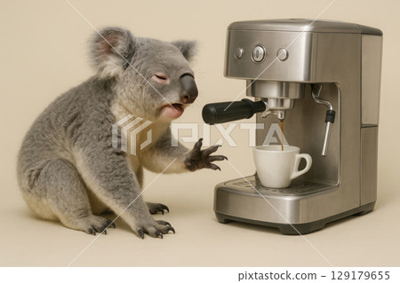 Sleepy koala waiting for espresso from a coffee machine on a beige background. 129179655