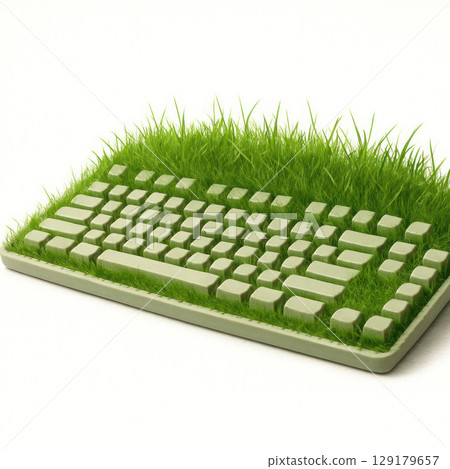 A computer keyboard overgrown with grass. 129179657