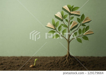 A sprout that grows into a tree with books instead of leaves. Space for text. A sprout that grows into a tree with books instead of leaves. Space for text. 129179664