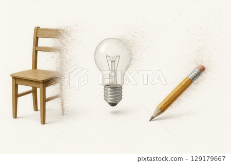 Dissolving wooden chair, light bulb and pencil on a light background. 129179667
