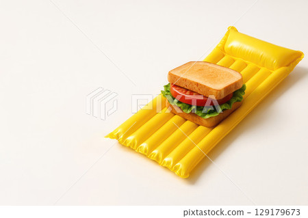 A sandwich on a yellow inflatable pillow, a symbol of summer vacation. Space for text. 129179673