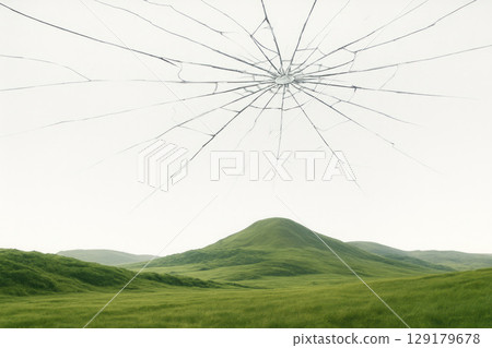 Cracks in the glassy sky over the green hills. Cracks in the glassy sky over the green hills. 129179678