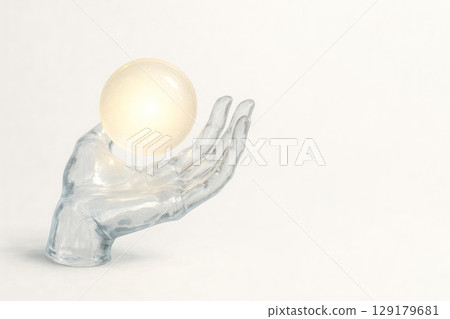 A glass hand holds a glowing ball. Space for text. 129179681