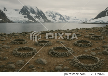 A desert Antarctic landscape with circles of stones. A desert Antarctic landscape with circles of stones. 129179682