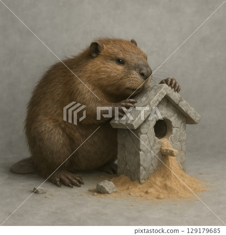 The beaver builds a house from sand stone. The beaver builds a house from sand stone. 129179685