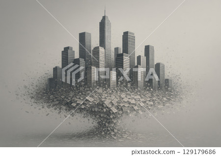 City skyscrapers growing out of scraps of newspaper. City skyscrapers growing out of scraps of newspaper. 129179686