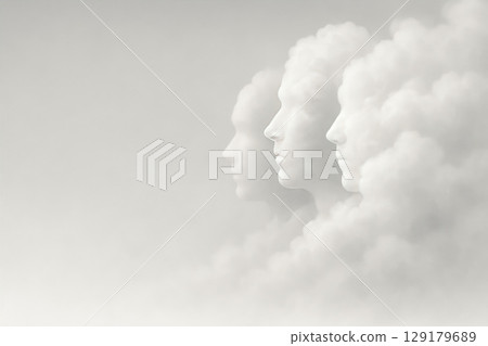 Cloudy faces growing out of the mist. Space for text. Cloudy faces growing out of the mist. Space for text. 129179689