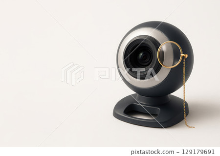 Webcam with a gold monocle on a light background. Space for text. Webcam with a gold monocle on a light background. Space for text. 129179691