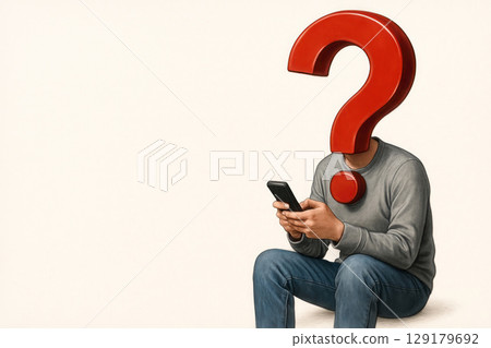 A person with a question mark is holding a smartphone instead of a head. Space for text. A person with a question mark is holding a smartphone instead of a head. Space for text. 129179692