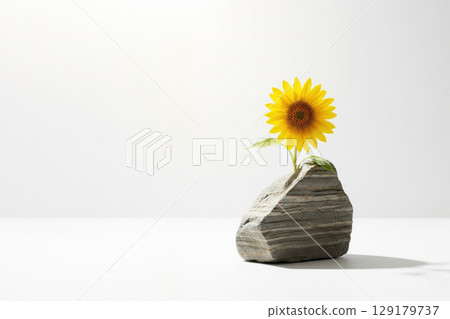 A sunflower breaks through the stone. Space for text. 129179737