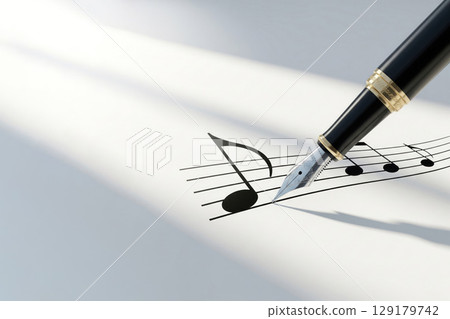 The pen draws musical notes. Space for text. 129179742